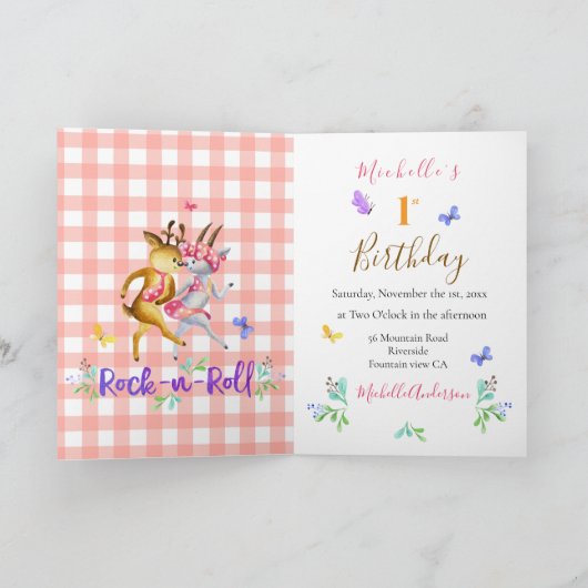 かわいい森の鹿が赤いギンガムをワルツパーティー 招待状 (内部)
