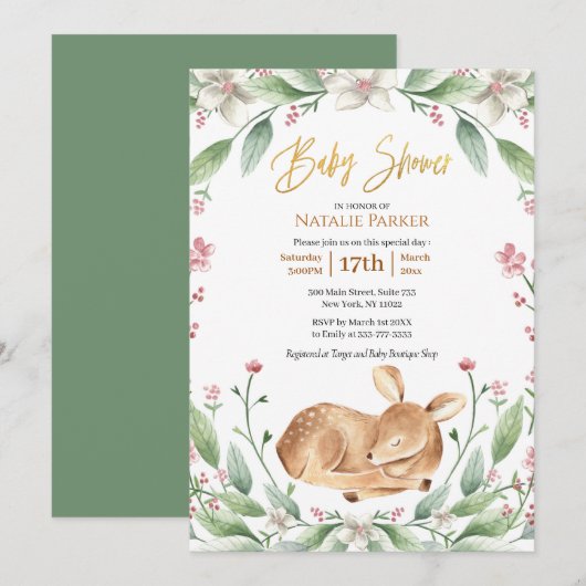 かわいい森の鹿の花と緑のベイビーシャワー 招待状 (正面/裏面)