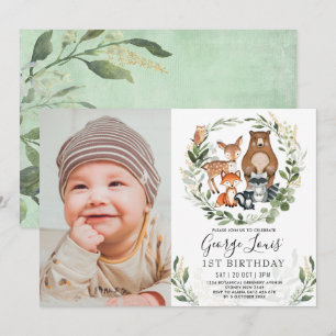 かわいい森の1歳誕生日パーティー 森の仲間たち 招待状