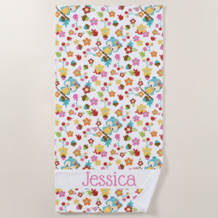 かわいい森フクロウかわいい女の子のパーソナライズされた名前 ビーチタオル