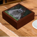 かわいい森ラクーン野生動物の写真 ギフトボックス<br><div class="desc">可愛い森のラクーンのカメラ用ポーズの写真のイメージをフィーチャーしたセラミックタイル付きの木製のギフトボックスにトライケット、ジュエリー、その他の小さなキープサケを格納する。ギフトボックスのサイズと色を選択。</div>