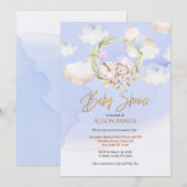かわいい森林のウサギの花の青い空のベイビーシャワー 招待状 (正面/裏面)