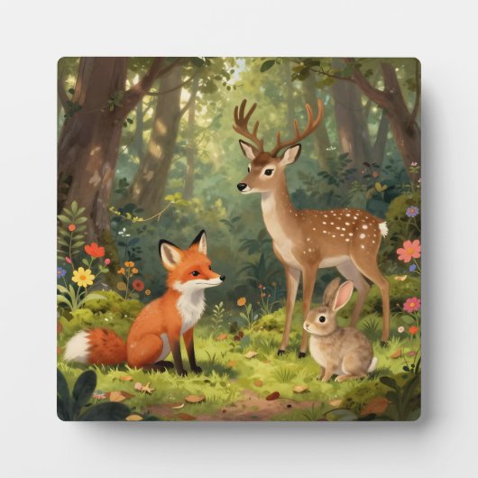 かわいい森林の動物たちの森の風景 フォトプラーク (正面)