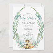 かわいい森林の動物 グリーン ベビーシャワー 招待状 (正面)