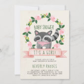 かわいい森林アライグマのベビーシャワーそれは女の子です 招待状 (正面)