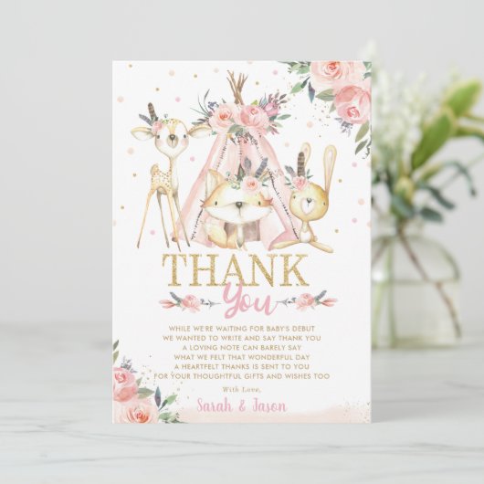 かわいい森林動物たちがボホ族の少女のベビーシャワー サンキューカード (スタンド正面)