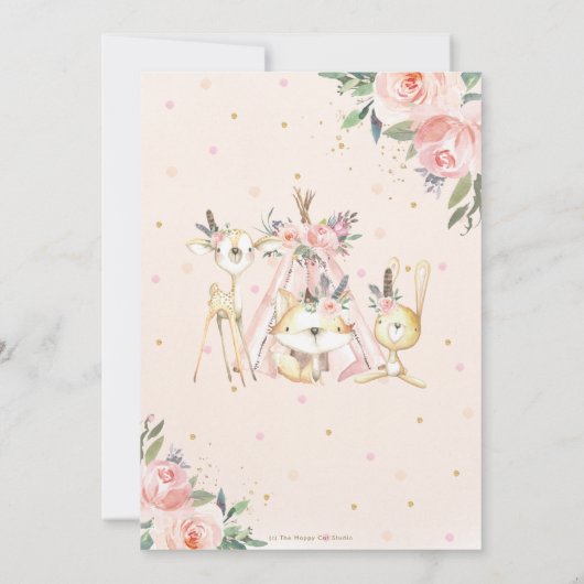 かわいい森林動物たちがボホ族の少女のベビーシャワー サンキューカード (裏面)