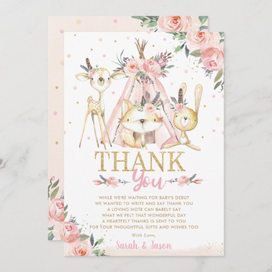 かわいい森林動物たちがボホ族の少女のベビーシャワー サンキューカード (正面/裏面)