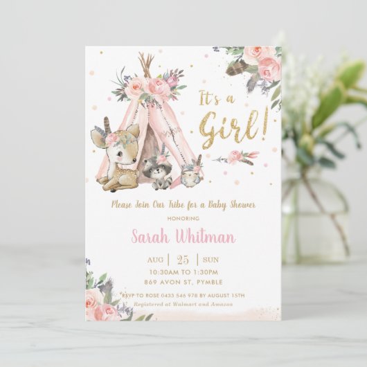 かわいい森林動物たちがボホ族の少女のベビーシャワー 招待状 (スタンド正面)