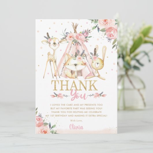 かわいい森林動物たちのボホ族の誕生日パーティー サンキューカード (スタンド正面)
