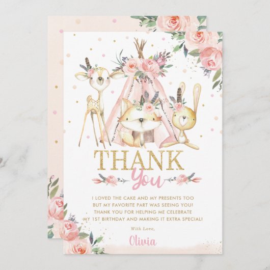 かわいい森林動物たちのボホ族の誕生日パーティー サンキューカード (正面/裏面)