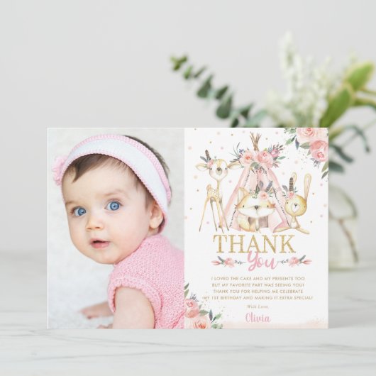 かわいい森林動物たちボホ族の誕生日写真 サンキューカード (スタンド正面)