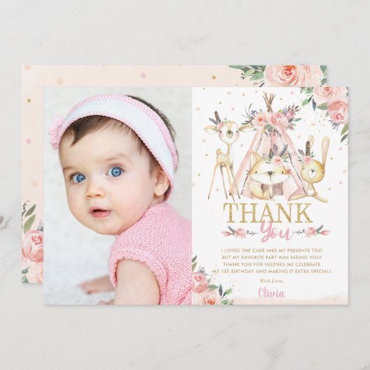 かわいい森林動物たちボホ族の誕生日写真 サンキューカード (正面/裏面)