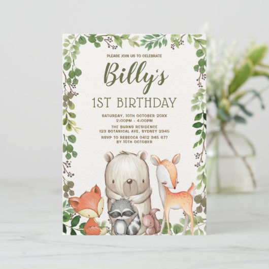 かわいい森林動物たち1歳の誕生日パーティー 招待状 (スタンド正面)