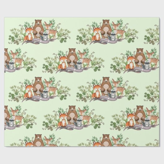 かわいい森林動物の緑の草木の森林パーティー ラッピングペーパー (フラット)