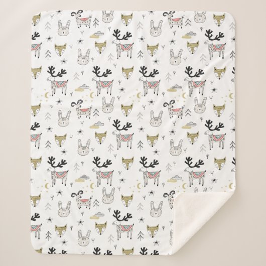かわいい森林動物の落書きパターン シェルパブランケット (正面)