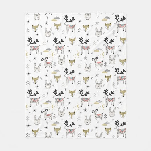 かわいい森林動物の落書きパターン フリースブランケット (正面)