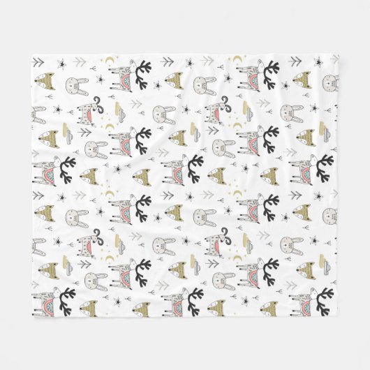 かわいい森林動物の落書きパターン フリースブランケット (正面(横))