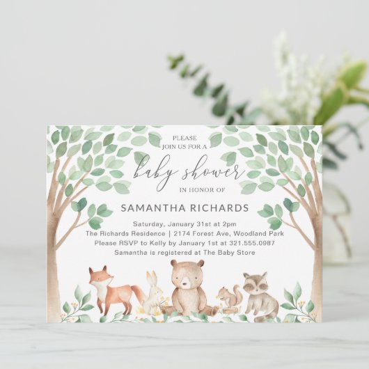 かわいい森林動物の赤ちゃん男女兼用シャワー 招待状 (スタンド正面)
