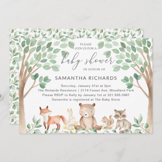 かわいい森林動物の赤ちゃん男女兼用シャワー 招待状 (正面/裏面)