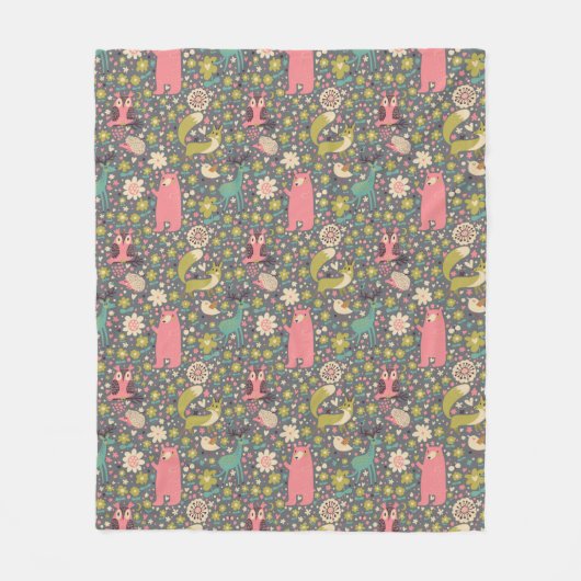 かわいい森林動物パターン フリースブランケット (正面)