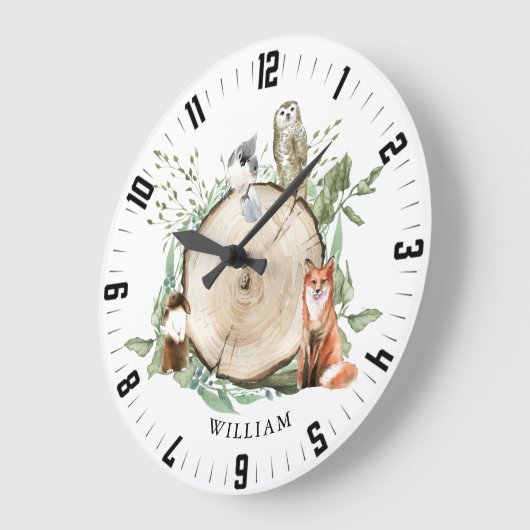 かわいい森林動物パーソナライズされたの男の子の名前 ラージ壁時計 (傾斜)