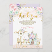かわいい森林動物ピンクミント金ゴールドフローラ サンキューカード (正面/裏面)