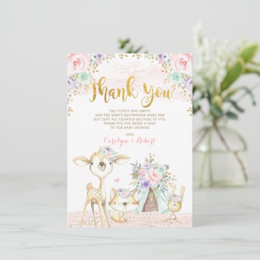 かわいい森林動物ピンクミント金ゴールドフローラ サンキューカード (スタンド正面)