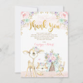かわいい森林動物ピンクミント金ゴールドフローラ サンキューカード (正面)