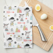 かわいい森林動物及びインドの男の子パターン キッチンタオル (四つ折り)