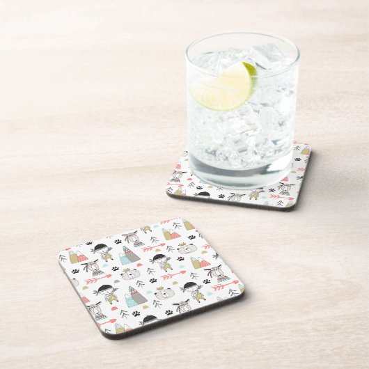 かわいい森林動物及びインドの男の子パターン コースター (右側)