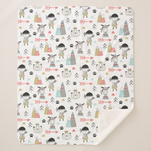 かわいい森林動物及びインドの男の子パターン シェルパブランケット (正面)