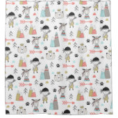 かわいい森林動物及びインドの男の子パターン シャワーカーテン (正面)