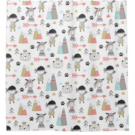 かわいい森林動物及びインドの男の子パターン シャワーカーテン (正面)