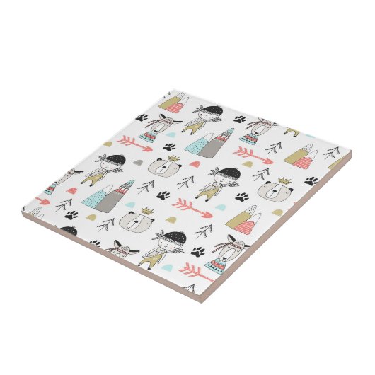 かわいい森林動物及びインドの男の子パターン タイル (側面)