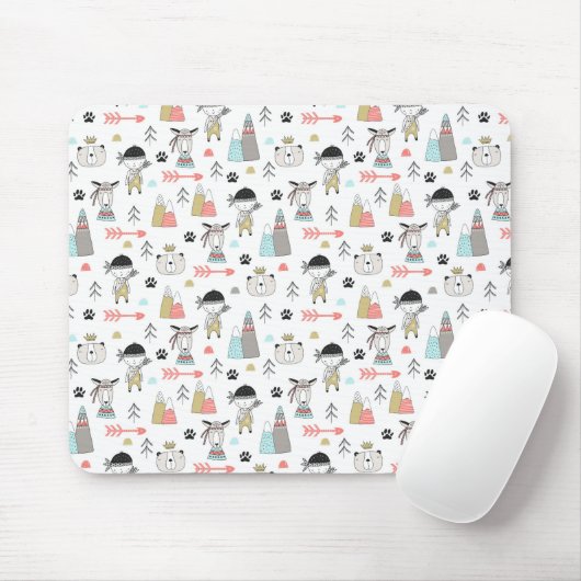 かわいい森林動物及びインドの男の子パターン マウスパッド (マウス)