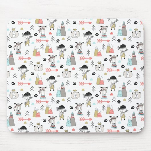 かわいい森林動物及びインドの男の子パターン マウスパッド (正面)