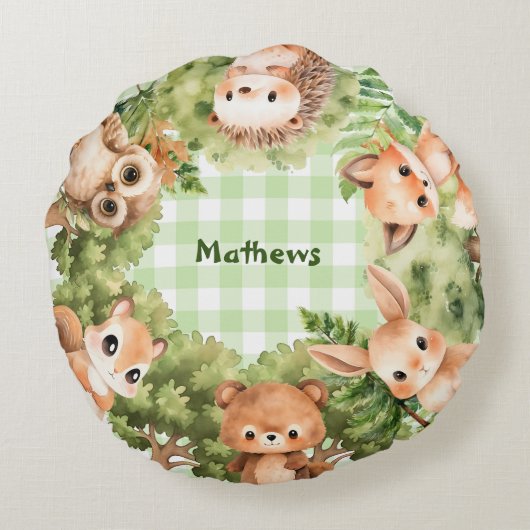 かわいい森林動物 |男の赤ちゃん ラウンドクッション (裏面)