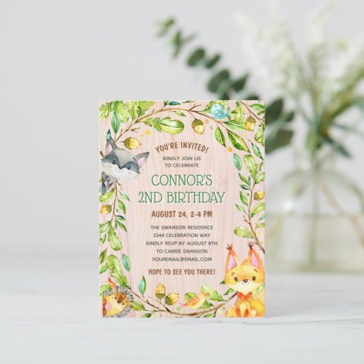 かわいい森（き）の動物たち誕生日パーティーの招待 ポストカード (スタンド正面)