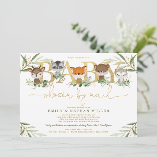 かわいい森(き)の緑(う)の金ゴールドベビーシャワーを郵送 招待状 (スタンド正面)