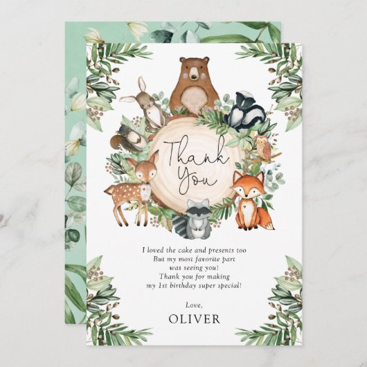かわいい植物の森の赤ちゃん動物感謝カード (正面/裏面)