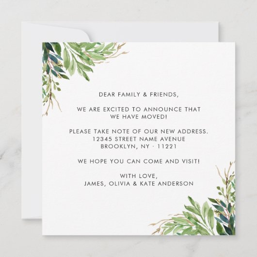 かわいい植物の葉の引っ越しました新しいホームムービング 案内状 (裏面)