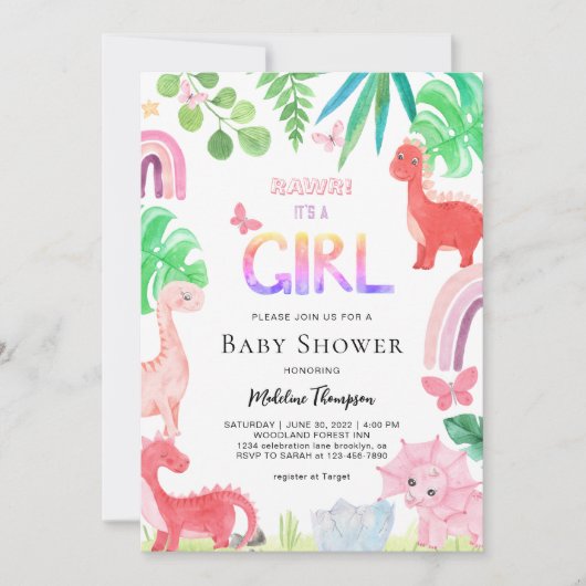 かわいい植物女の子の恐竜の赤ちゃんシャワー 招待状 (正面)