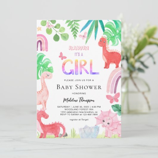 かわいい植物女の子の恐竜の赤ちゃんシャワー 招待状 (スタンド正面)