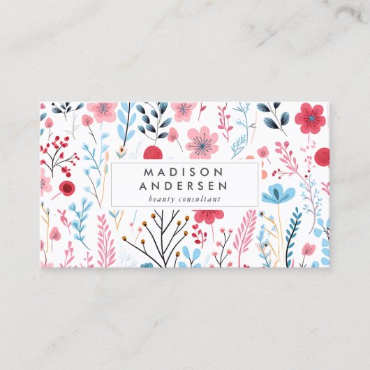 かわいい植物性ピンクブルーモダンフローラ 名刺 (正面)