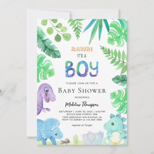 かわいい植物恐竜の男の子の恐竜の赤ちゃんシャワー 招待状 (正面)