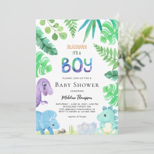かわいい植物恐竜の男の子の恐竜の赤ちゃんシャワー 招待状 (スタンド正面)