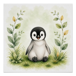 かわいい植物画のペンギン水彩野生生物 ポスター