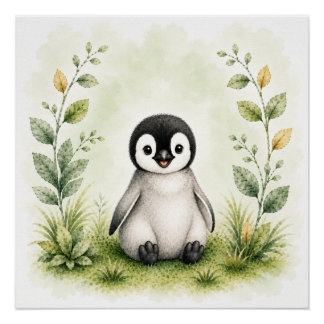 かわいい植物画のペンギン水彩野生生物 ポスター