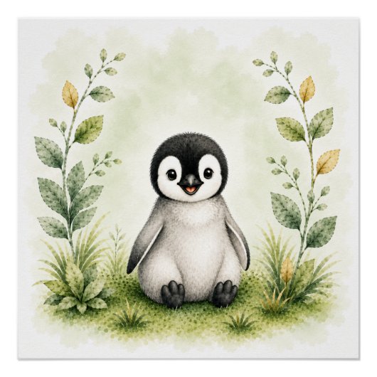 かわいい植物画のペンギン水彩野生生物 ポスター (正面)